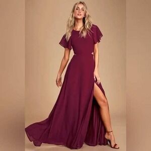 Lulus Garden Bliss Burgundy Flutter Sleeve Cutout Maxi Dress Size S